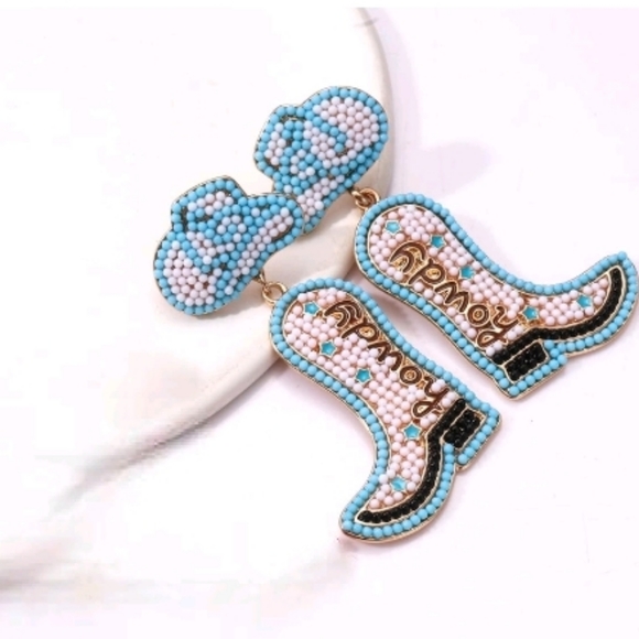 Blue Howdy Cowgirl Boots Earrings Beaded Earrings Rodeo - Picture 4 of 5